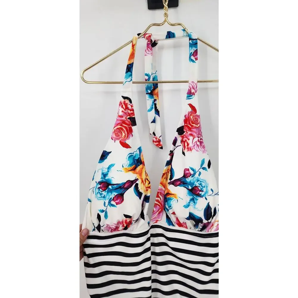 New Cupshe Bold Floral Stripe Halter Tummy Control One Piece Swimsuit 4X 4XL‎